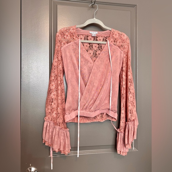 Bell Sleeve Shirt Lace Back Dressy Top with Mesh Back - Picture 3 of 6